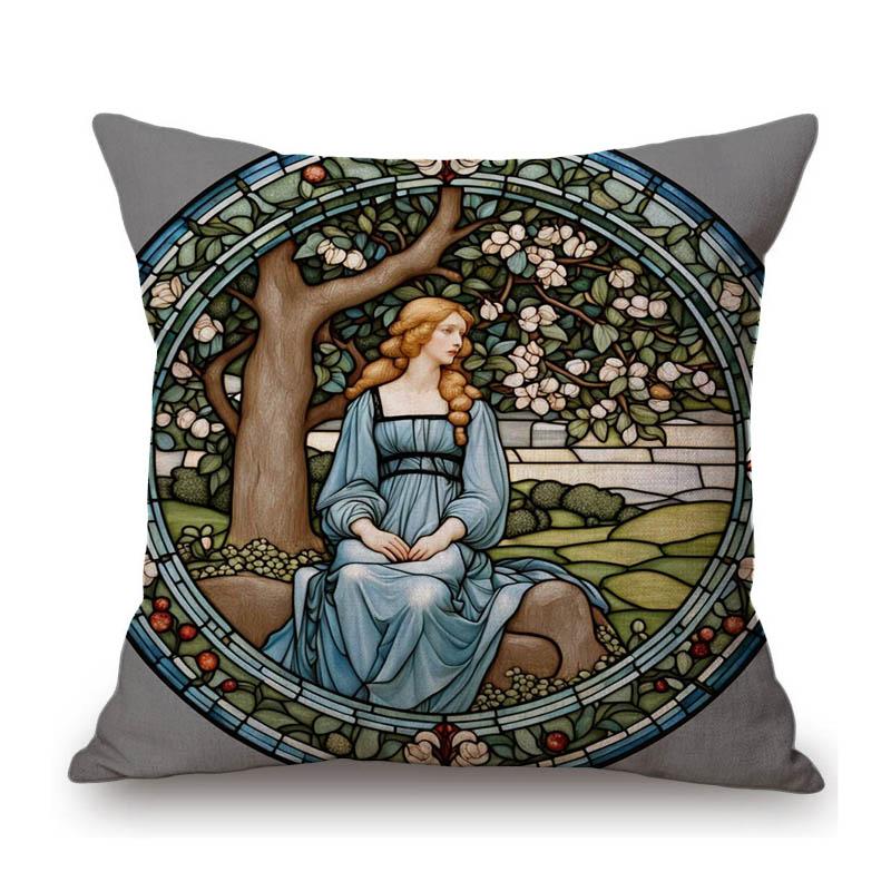 Renaissance Pre-Raphaelitism William Morris Round Stained Glass Window Elegant Lady Girl Decoration Pillow Case Cushion Cover
