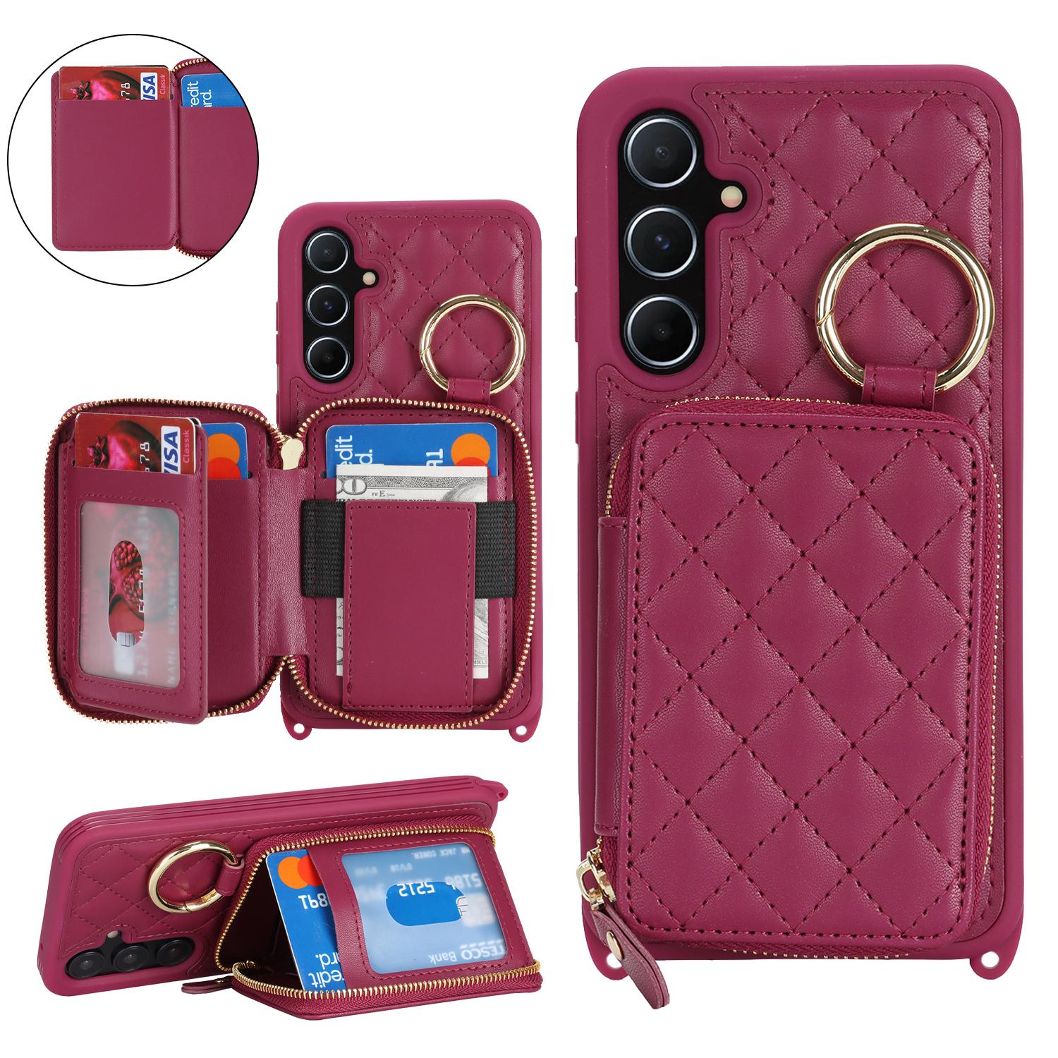 

For Samsung Galaxy A55 5G Case Ring Holder Zipper Pocket Kickstand Leather Back Phone Cover with Shoulder Strap