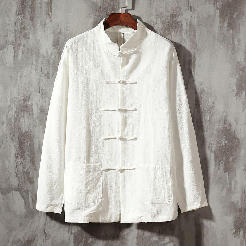 Men's Chinese Style Buttoned Cotton-Linen Stand Collar Shirt, Retro Long-Sleeve Top for Spring and Autumn