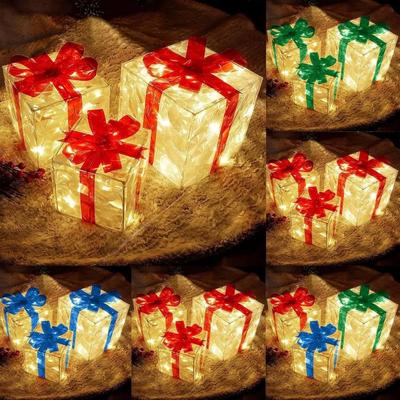 3 Stück/Set PVC Weihnachtsgeschenkbox Set Leuchtende Faltbare Weihnachtsbeleuchtungsbox mit Schleifenband Weihnachts Leuchtende Dekoration Außenbereich