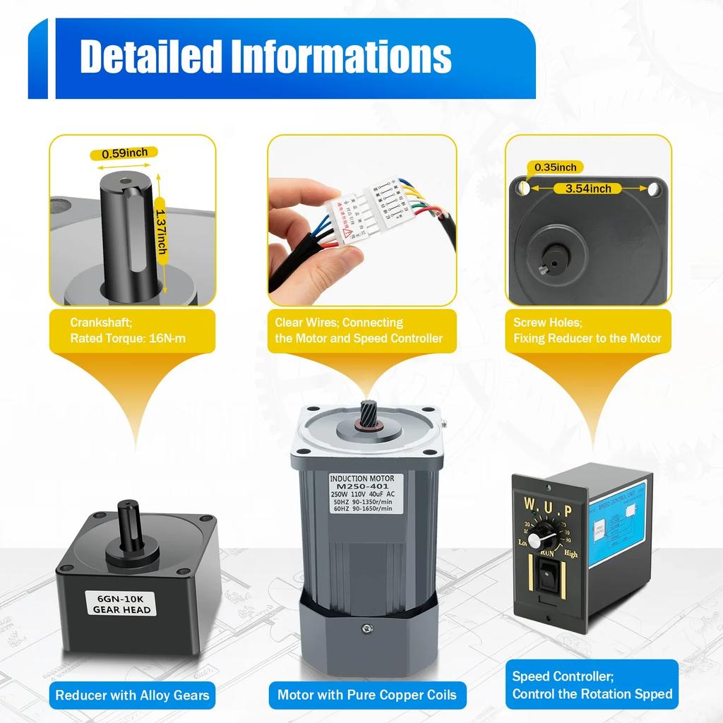 250W 10K speed regulating motor+speed regulator, 110V AC Gear Reduction Motor, Electric Variable Speed Reversible Control