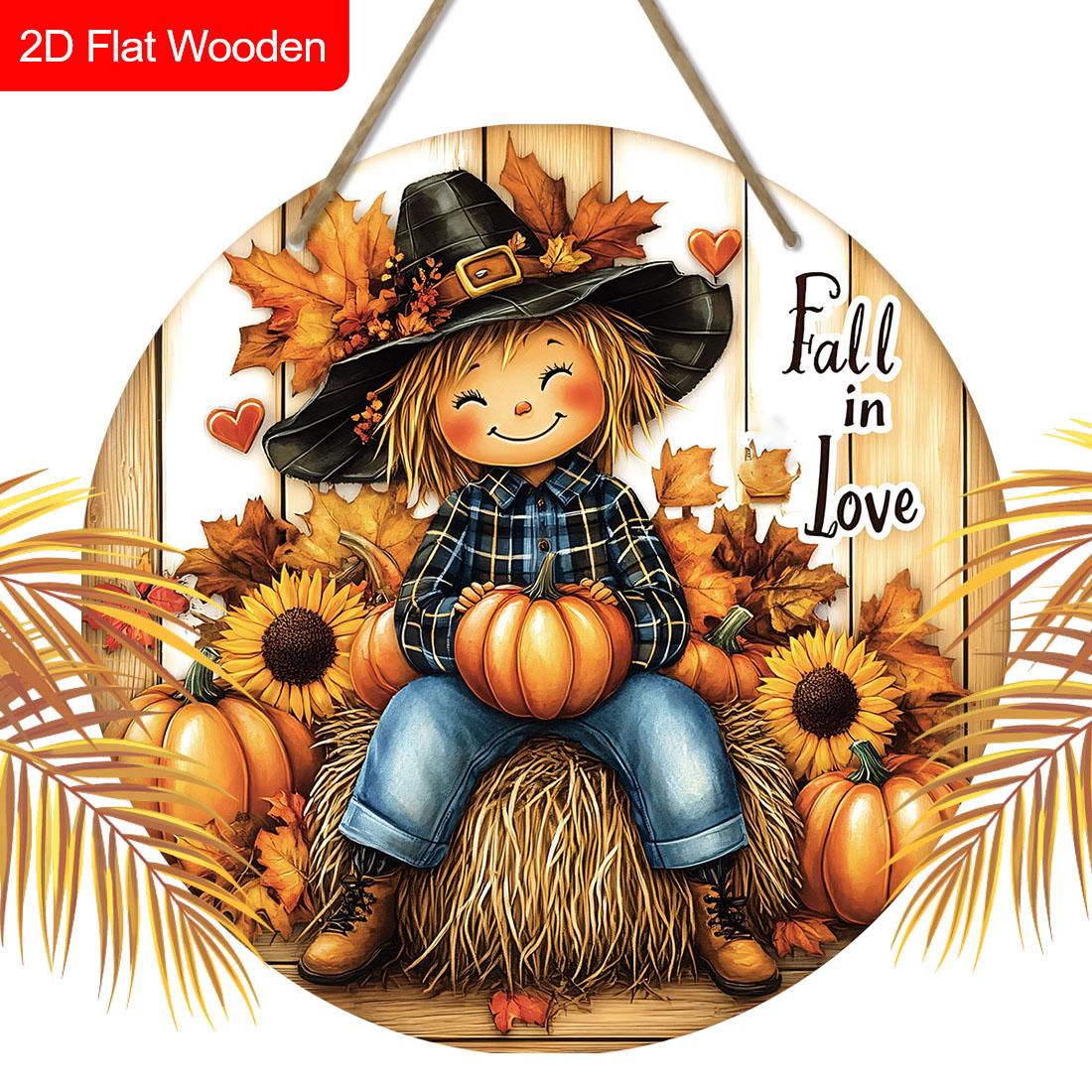 

Деревянная табличка «Осенний урожай» с рисунком улыбающейся девочки - Круглая табличка «Влюбись в осень» для двора, двери, настенный декор - Идеальное украшение для урожая 20cm/7.87in оранжевый