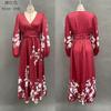 TikTok Women's Amazon Digital Printing Flower Long Sleeve V-Neck Pleated Dress Women's Long Dress