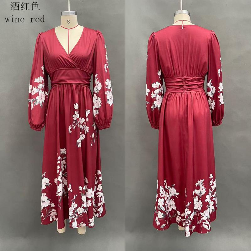 TikTok Women's Amazon Digital Printing Flower Long Sleeve V-Neck Pleated Dress Women's Long Dress