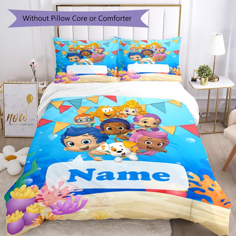 3pcs Custom Name Bubble Guppies Bedding Set Duvet Cover Closure Includes 1 Duvet Cover & 2 Pillowcases, Soft and Comfortable for All Seasons.