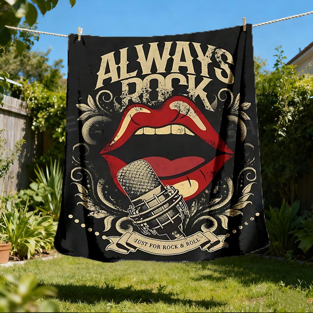 1pc Rock and Roll Outdoor Flannel Blanket, Lightweight Warm Cozy for Travel Camping Office Soft Polyester Fabric