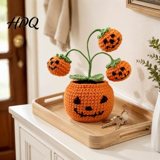 Halloween Knitted Ghost Ornament Handmade Crochet Pumpkin Pumpkin with Cute Bat Festive Home Accents for Flowers Planter Plant Tabletop Decoration