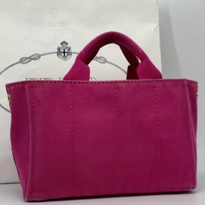PRADA Canapa Mini Handbag Tote Shoulder Bag Canvas 2WAY Pink Logo Jacquard Women's