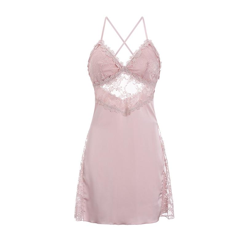 Satin Backless Lace Nightgown with Padded Deep V & Tie-Waist Robe Set