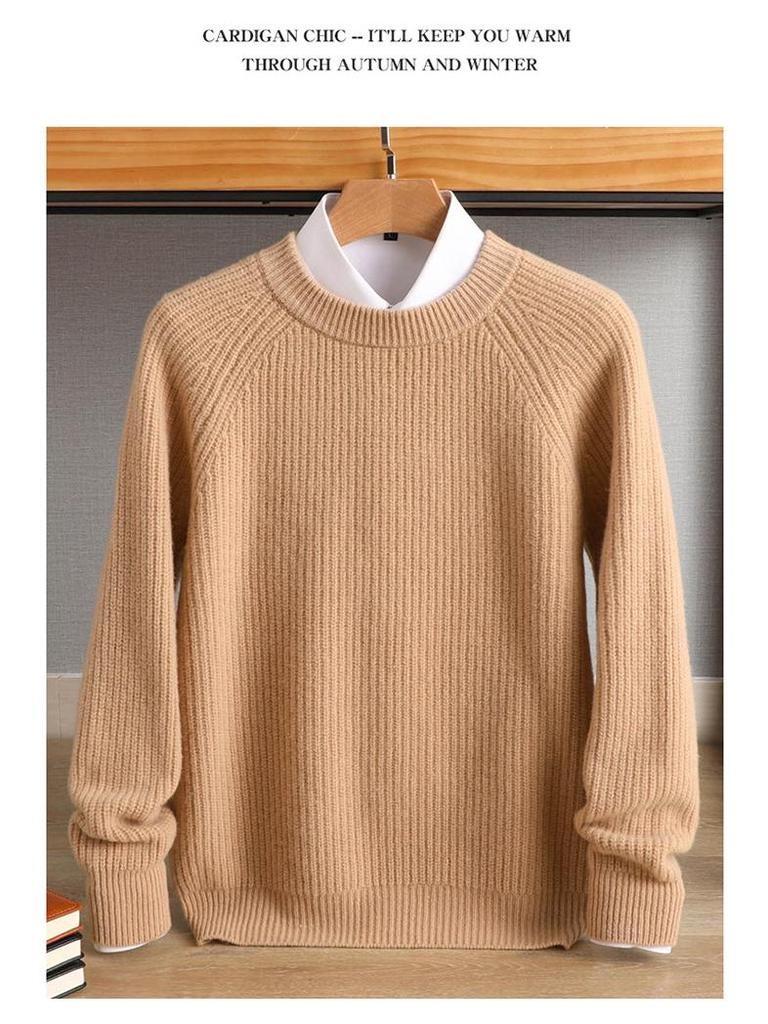 Men's Plus Size Crew Neck Wool Sweater - Autumn/Winter, Fine Stripe Raglan Sleeve, Loose Fit