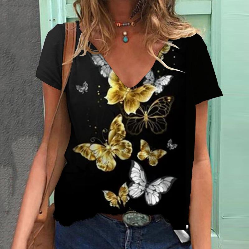 Summer Butterfly Flower Plant 3D Printed Short Sleeve V-neck Casual Short Sleeve T-shirt