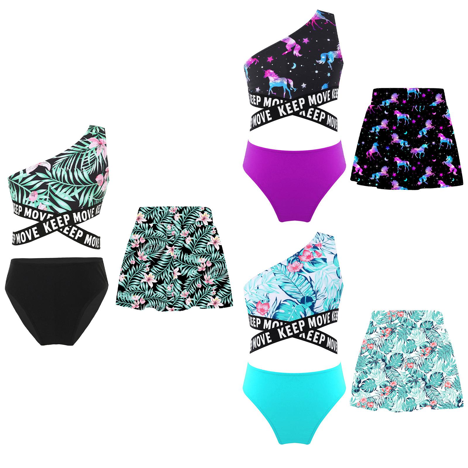 

Girls 3Pcs Swim Set Single Shoulder Criss Cross Waist Crop Top Briefs Skirt Beach Pool Bathing Suit 5-6 Years