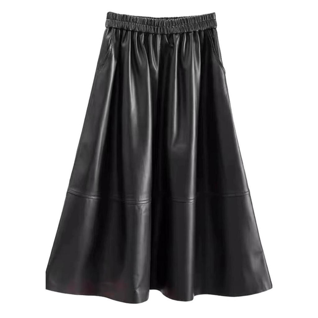 Damen Übergröße A-Linienrock mit hoher Taille aus braunem PU-Leder für Frühling, Herbst und Winter