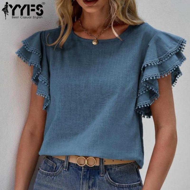 

YYFS женские модные повседневные летние весенние однотонные блузки и рубашки с короткими рукавами и круглым вырезом с принтом S тёмно-синий