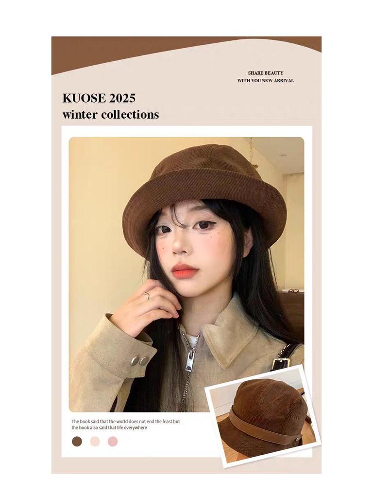 Korea 2025 A/W Coffee Color Japanese Style Women's Fisherman Fedora Hat for Large Heads, Slimming Effect, Rich Girl Style