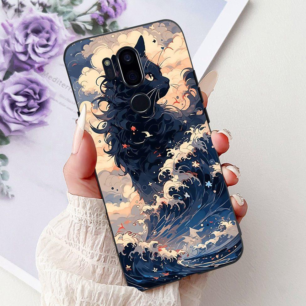 Para LG G7 ThinQ Funda Silicona Negra Gato Lindo Flores de Moda Trasera Pintada Genial Para LG G7ThinQ Funda de Teléfono LMG710EM