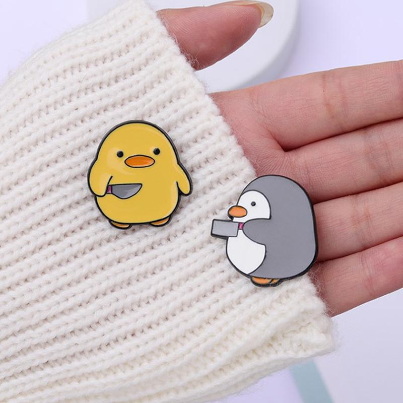 Cutie Killer Enamel Pins Chick Little Penguin Dagger Knife Brooches Lapel Badges Cartoon Fun Animal Jewelry Gift For Kids Friend