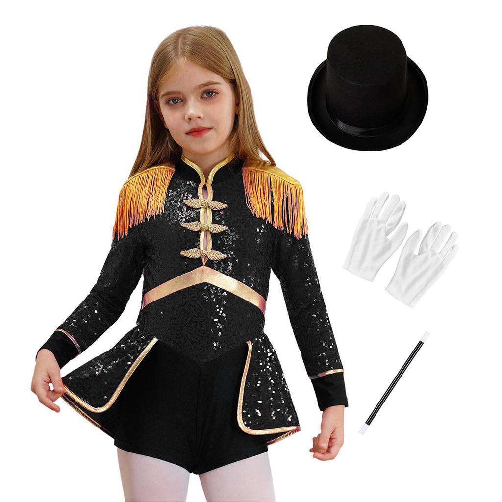 Dívčí kostým Ringmaster Cirkusový kouzelník Bubeník Cosplay Kostým Flitry Body Klobouk Rukavice Hůlka Set Halloweenský kostým