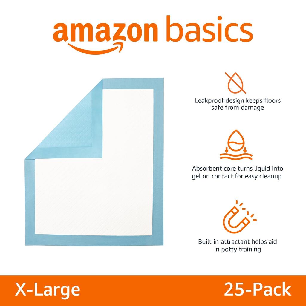 Amazon Basics Dog Toilet Training Pads, Thick Extra Large, 25-Pack, 71x86cm, Blue, White
