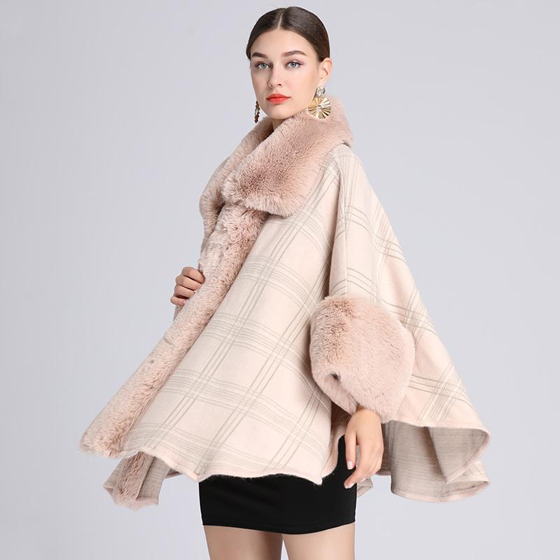 Autumn and Winter Women's Faux Otter Hair Collar Plaid Shawl Cape Large Lapel Loose Knitted Cardigan