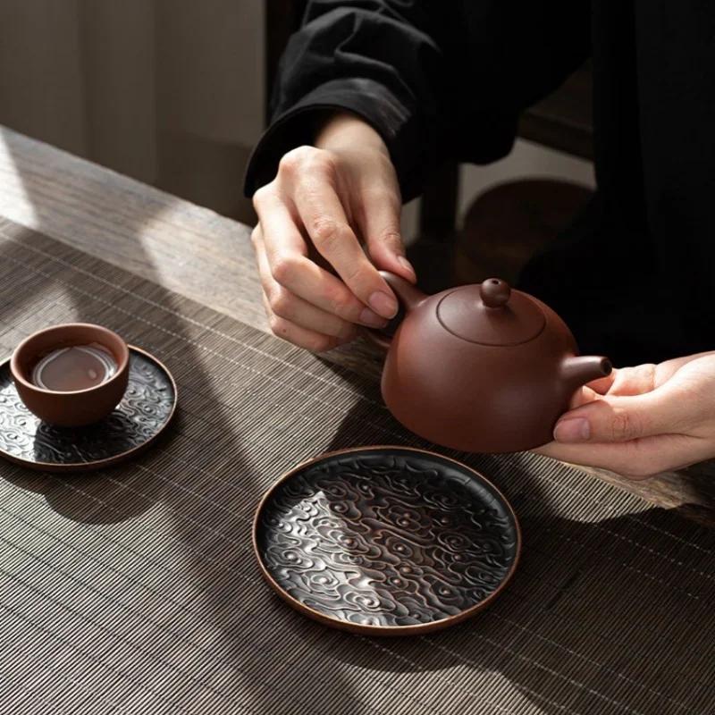 Retro Alloy Round Square Coaster Tea Set Accessories Lucky Cloud Pattern Cup Holder Insulation Pad Coffee Mat Desktop Decoration