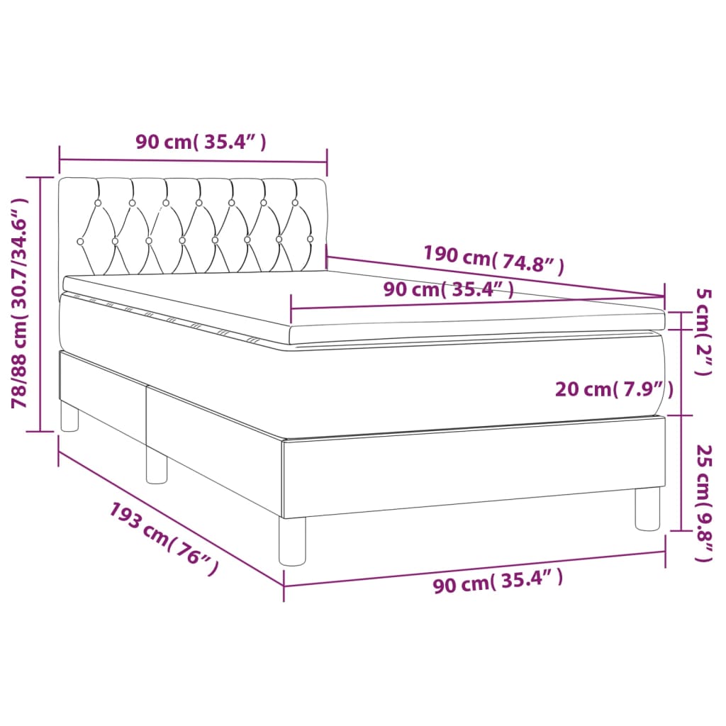 Box Spring Bed with Mattress Light Grey 90 x 190 cm Velvet