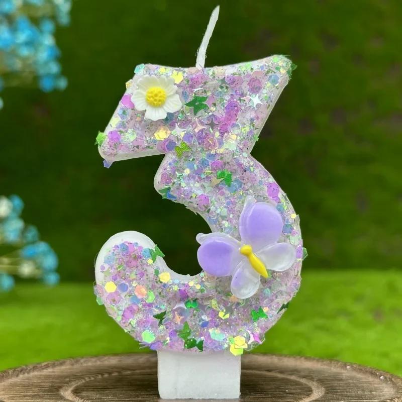 Number Cake Candle Butterflies Flowers Birthday Candle 1 2 3 4 5 6 7 8 9 3D Number Candle Cake Topper Party Cake Birthday Decor