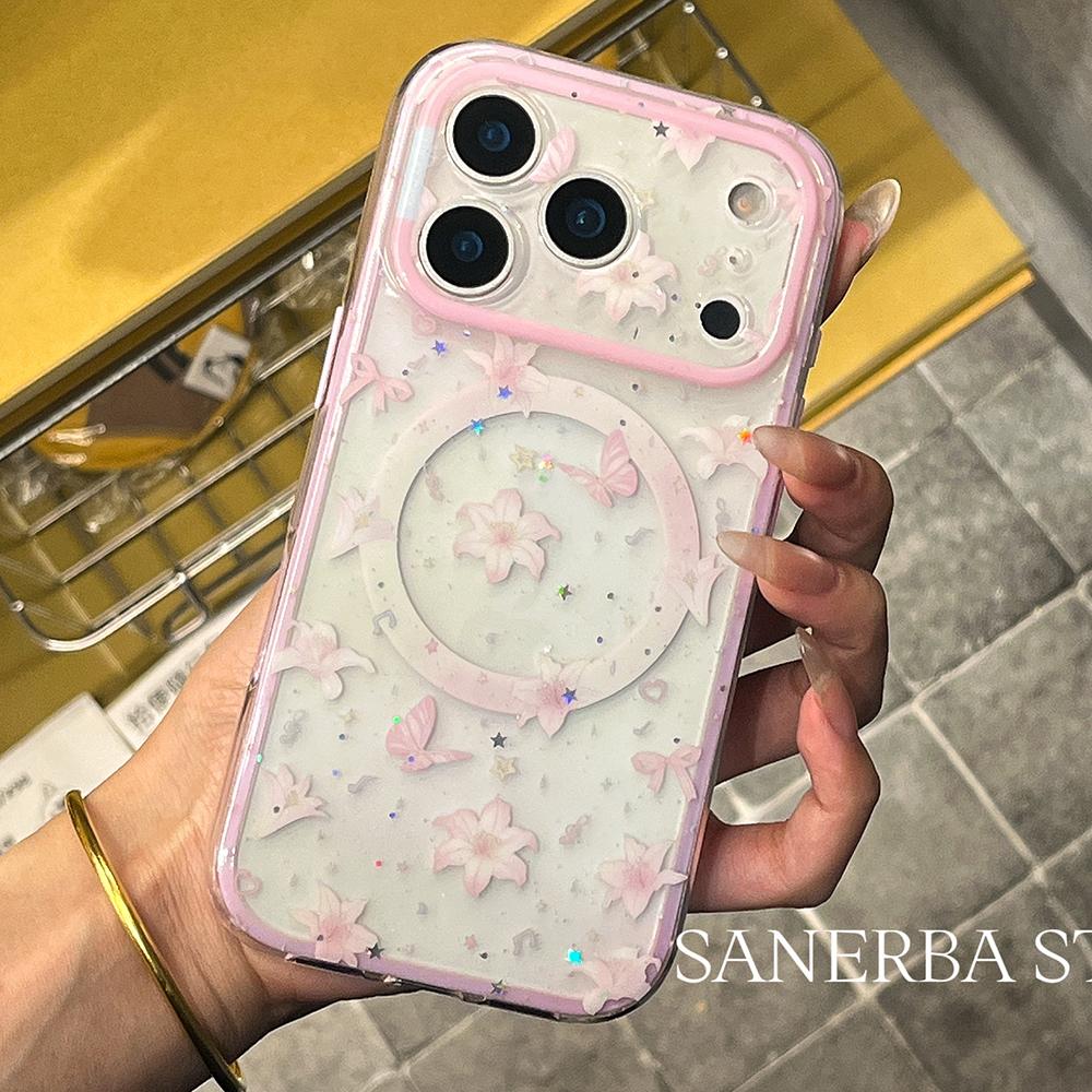 

2 IN 1 Cute Flower Dot Magnetic Grip Tok Wireless Charge Phone Case for iPhone 16 15 14 13 17 Pro Max For Magsafe Bumper Cover iPhone 13