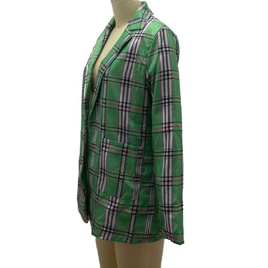 Women Suit Coat Lapel Long Sleeve Open Front Suit Jacket with Pockets Plaid Print