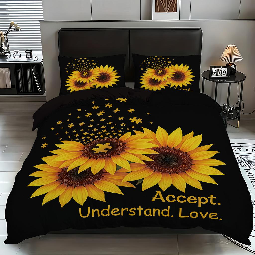 Dreiteilige Sonnenblumen-Bettwäsche mit Sandfinish, Blumendeckenbezug, Digitaldruck-Bettwäscheset