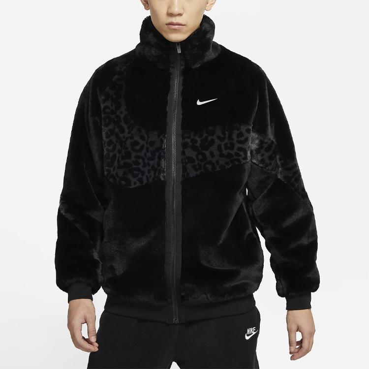Nike Abbigliamento sportivo Swoosh Stampa Leopardo Logo Gancio Grande Velluto Faux Fur Giacca da Tuta Uomo Capispalla Nero DH6685-010