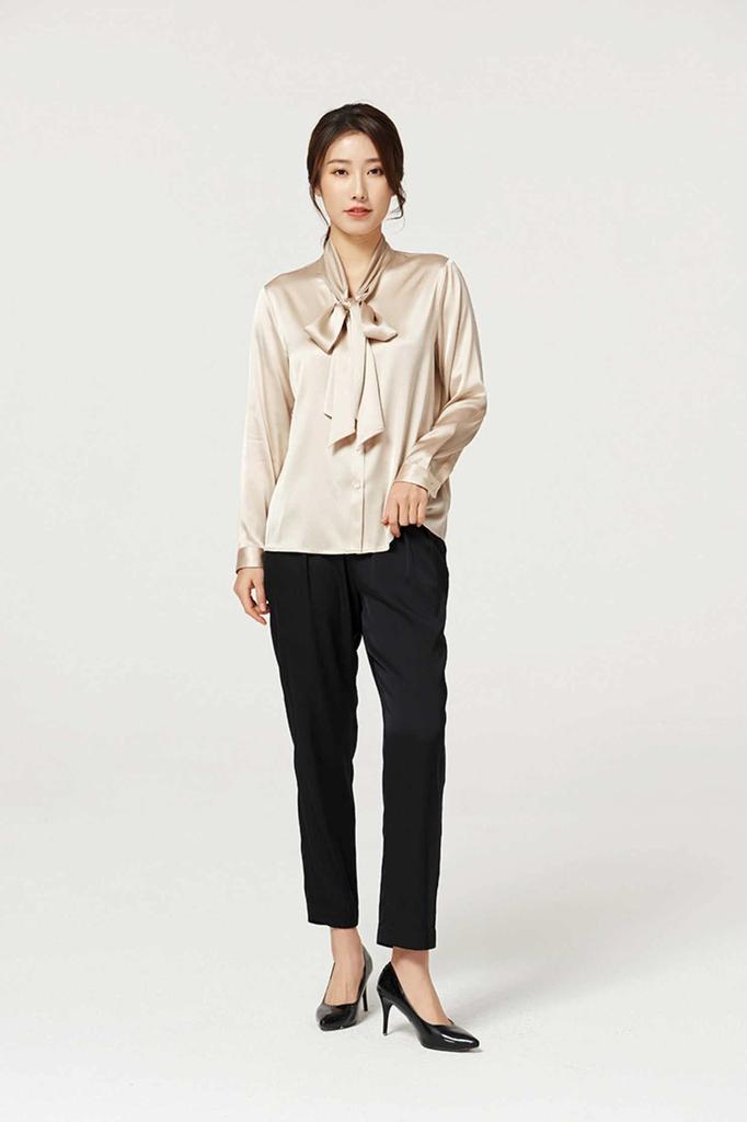 MAYUDAMA Silk Heavy Silk Blouse with Bow Tie and Large Long Small and Large Choice of Sizes and Colors Champagne Ribbon, Spring/Autumn, Sleeve,