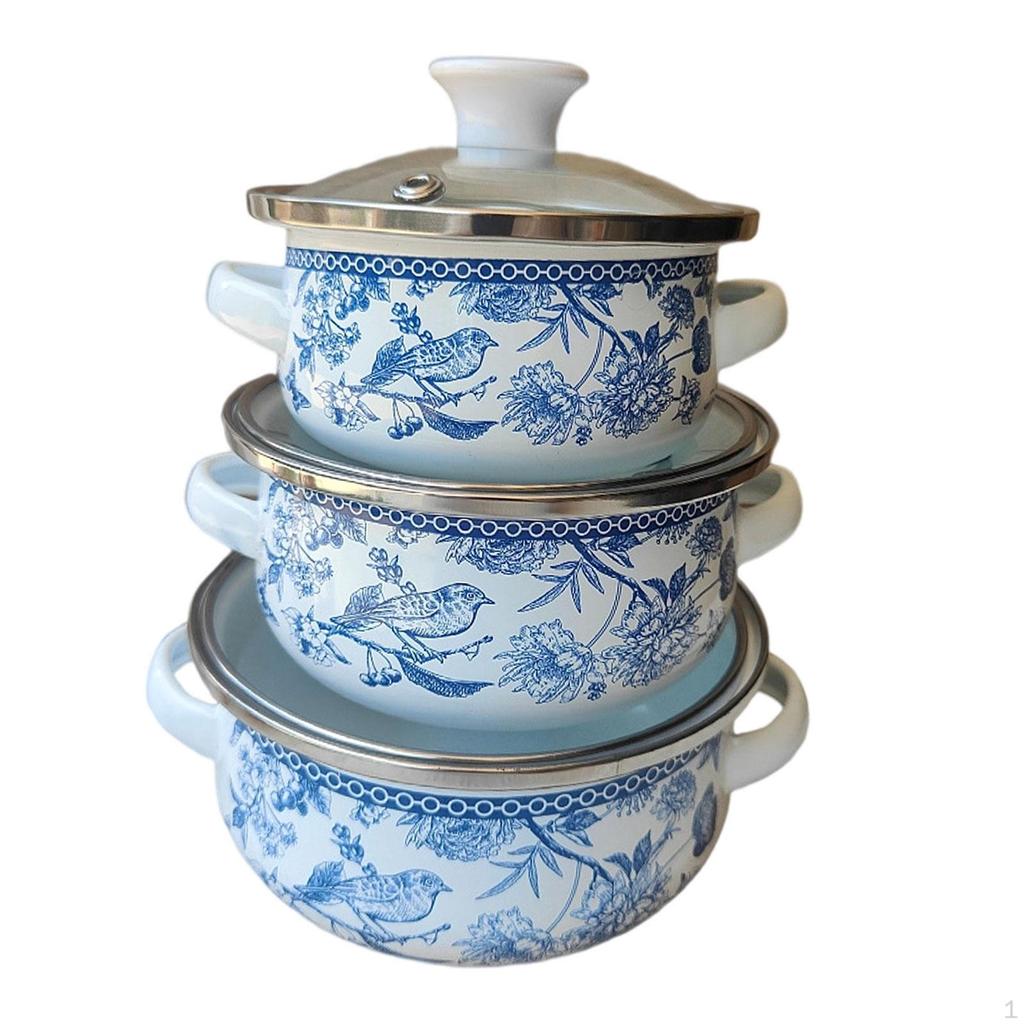 3Pcs Enamel Stockpot with Lid, Stew Bean Simmer Pot, Vintage Nonstick Simmering Pot Cooking Pots