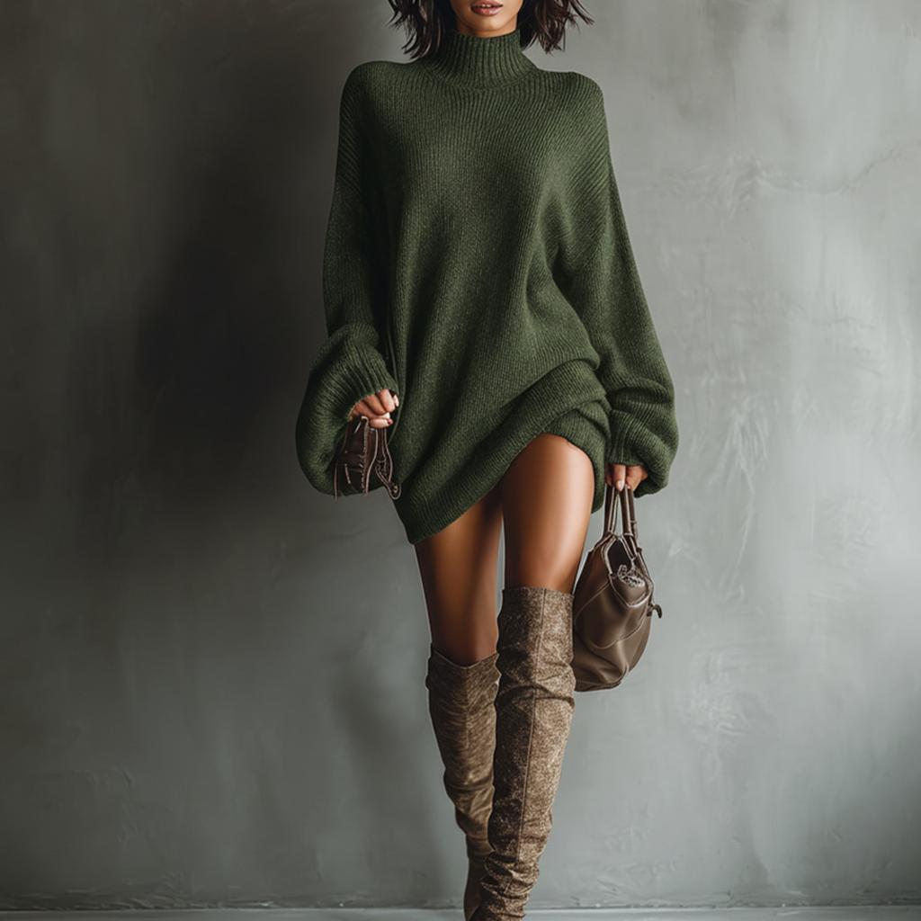 Women's Vintage Turtleneck Knit Sweater Dress with Loose Slouchy Fit for Casual Wear