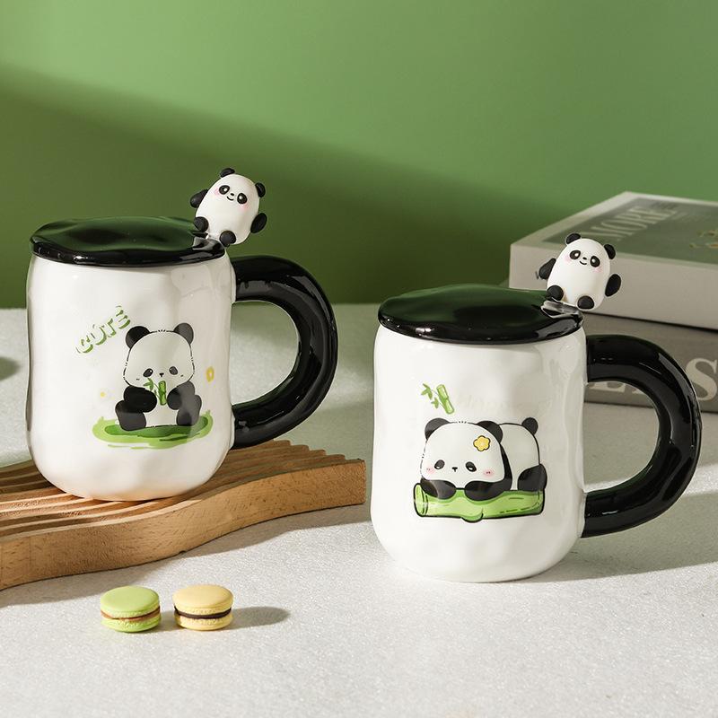 Hochwertige Niedliche Panda Keramiktasse für Mädchen Becher mit Deckel Löffel für Paare mit großem Fassungsvermögen Trinkwasser für den Haushaltsgebrauch