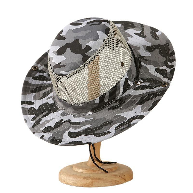 Men's Camo Mesh Sun Hat Wide Brim Breathable Bucket Hat UV Protection Outdoor Fishing Cap