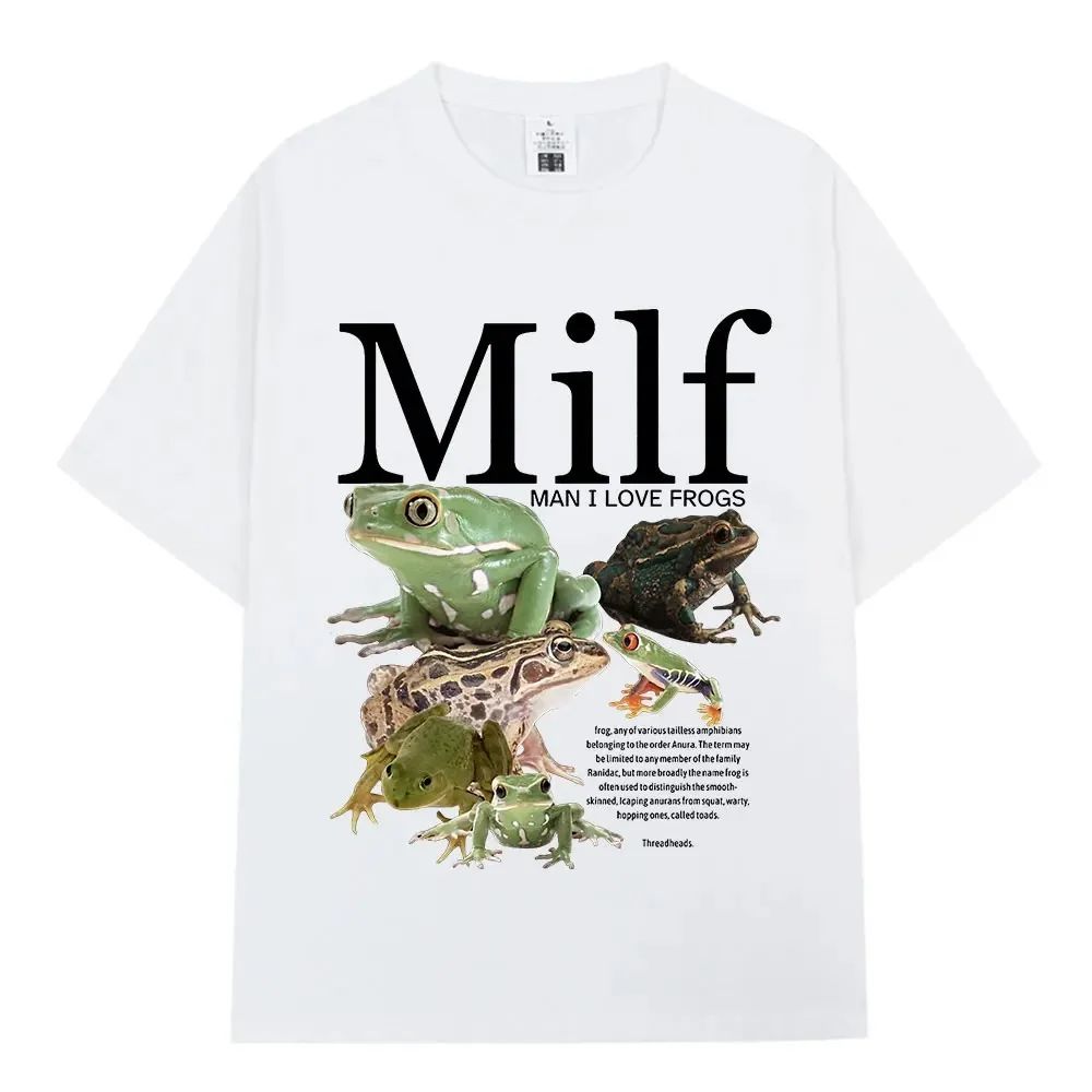Zabawna koszulka unisex Milf z nadrukiem I Love Frogs, z zielonym żabim wzorem, humorystyczny prezent dla miłośnika zwierząt, luźny top unisex z krótkim rękawem