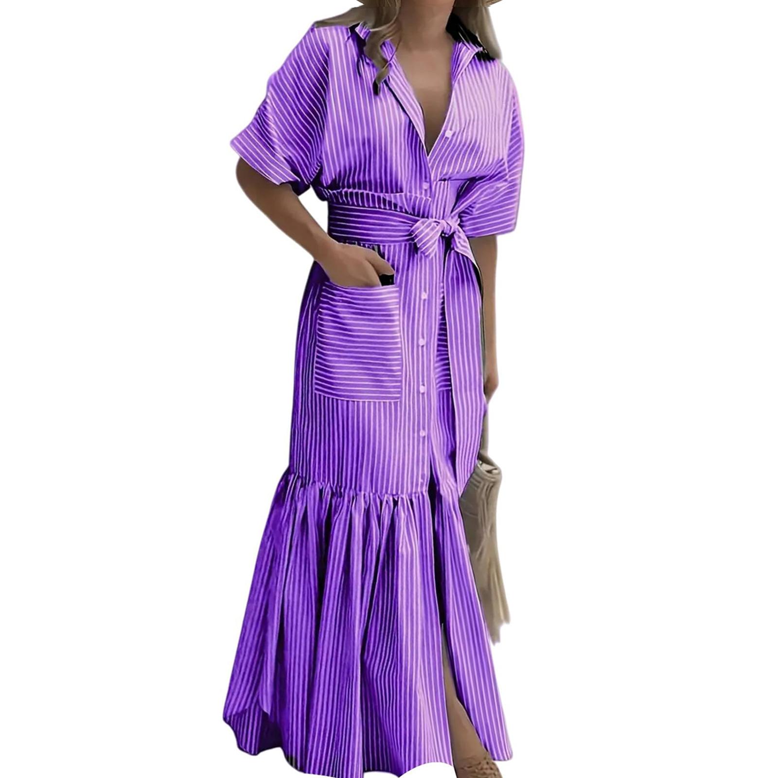 Женская модная полосатая воротничковая короткорукавная карманная на пуговицах с ремешком свободная длинная рубашка-платье M фиолетовый