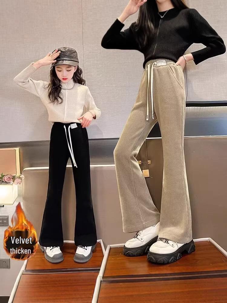 Girls' Black Plus Velvet Straight-Leg Sweatpants - New Autumn/Winter 2025 for Junior High Students