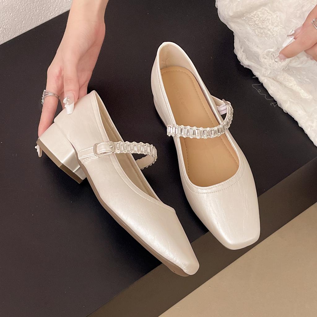 Square Head Thick Heel Fashion Single Shoes Women's Bag Head Sandals 2025 New Rear Air Shallow Mouth Middle Heel Mary Jane Shoes Women's Shoes