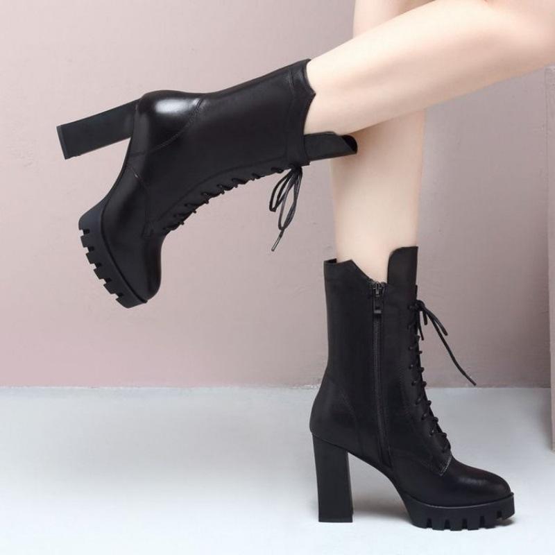 Autumn and Winter New High-heeled Medium Boots Martin Boots Women's Leather Boots Thick Heel Velvet Warm Women's Cotton Shoes Short Boots Women'