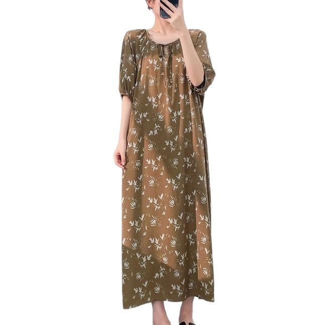 1011 new cotton silk nightdress women's spring thin high-end sweet wind printing knee-length skirt can be worn outside
