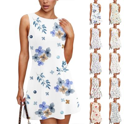Damen Sommerkleid Lässig Ärmellos Rundhals Blumenmuster Weste Sommerkleid