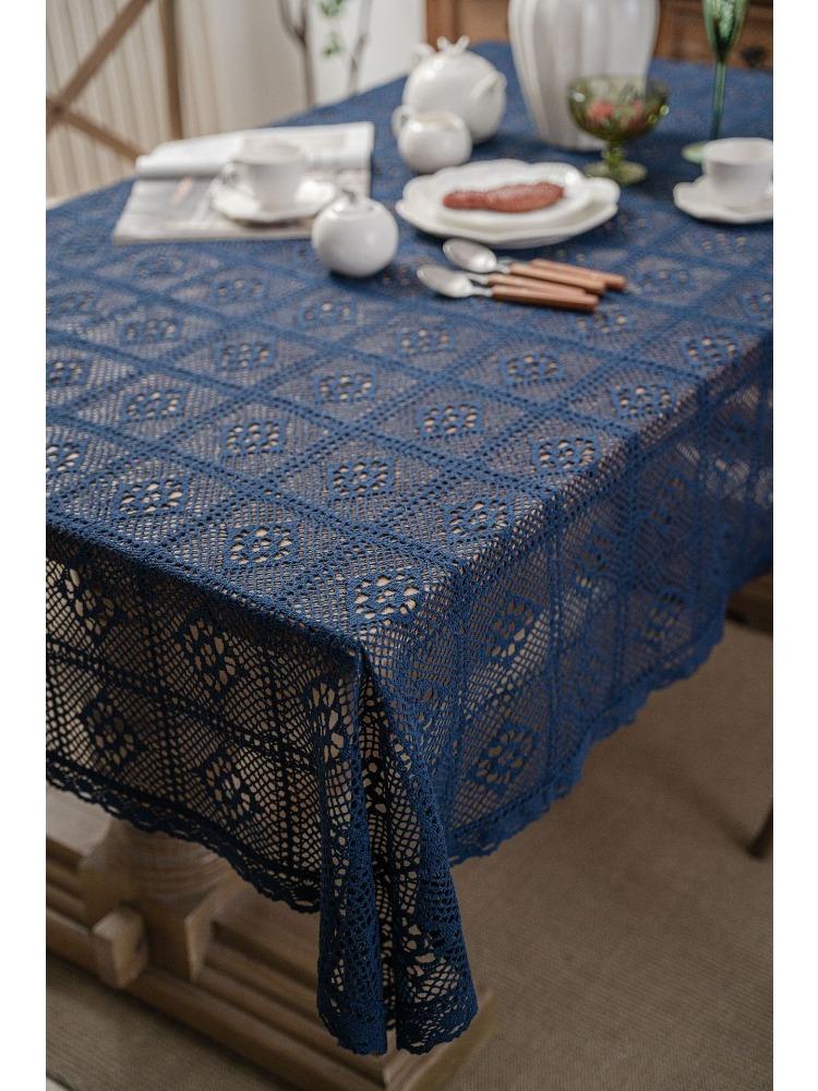 Crochet Lace Tablecloth with Tassels – Elegant Diamond Plaid Design, Cream Floral Patterns, Perfect for Weddings, Family Banquets Everyday Dining Room
