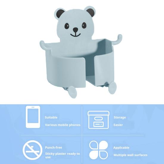 Bedside Phone Charging Storage Bracket Wall Mounted Self-adhesive Punch-free Anti-slip Cartoon Bear Shape with Multi Hooks Phone Holder Organizer