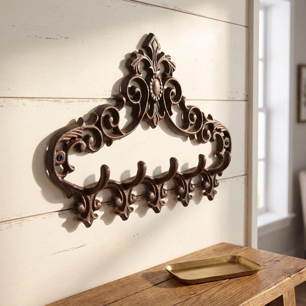 Retro Vintage Wrought Iron Hook Floral Texture Key Hooks Decorative Tools Storage Rack  Entryway