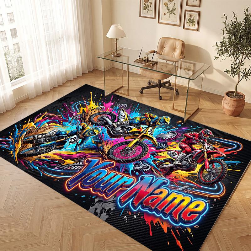 Motorcycle Biker Theme Soft Crystal Velvet Rug Custom Name & Text Print Non Slip Floor Rug for Bedroom Living Room