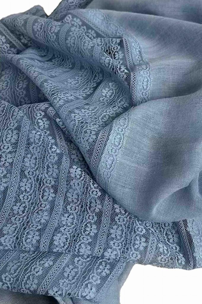 Blue Shawl With Lace 180X90 - Cotton and Polyester