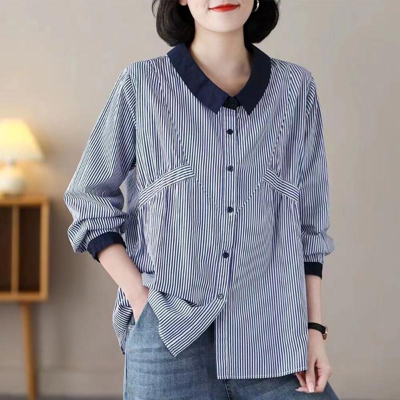 Striped Women's Loose Versatile Doll Collar Long Sleeve Shirt Ladies Top
