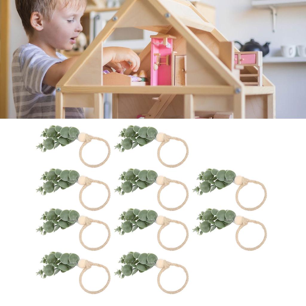 10 Stück Pflanzen-Serviettenringe Lebensechtes Grünes Blatt Hanfseil Holzperle Serviettenring für Puppenhaus-Esszimmer